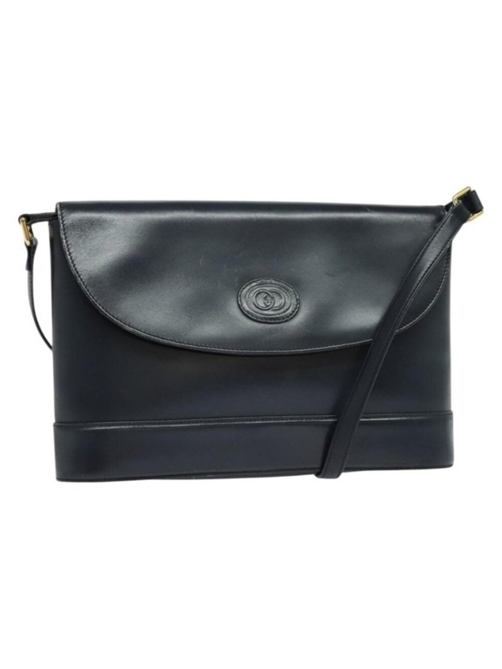 Authentic GUCCI Shoulder Bag Leather Navy Gold